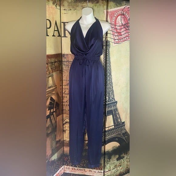 Navy Satin Jumpsuit, Size Small - Picture 4 of 6